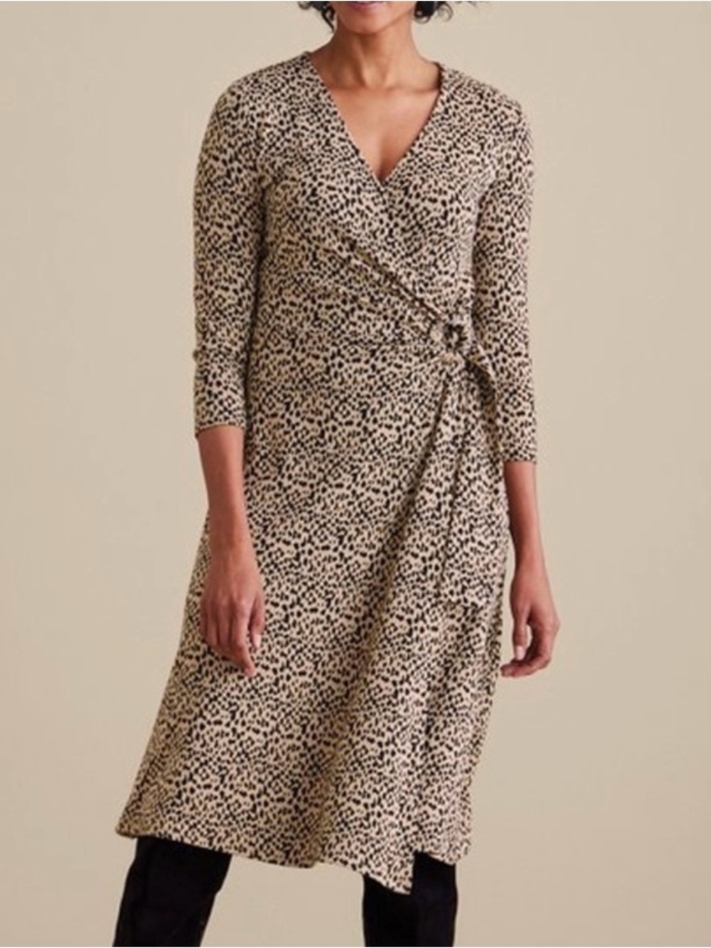 Soft Surroundings Damaria Leopard Print 3/4 Sleeve Wrap Midi Dress Size XS
